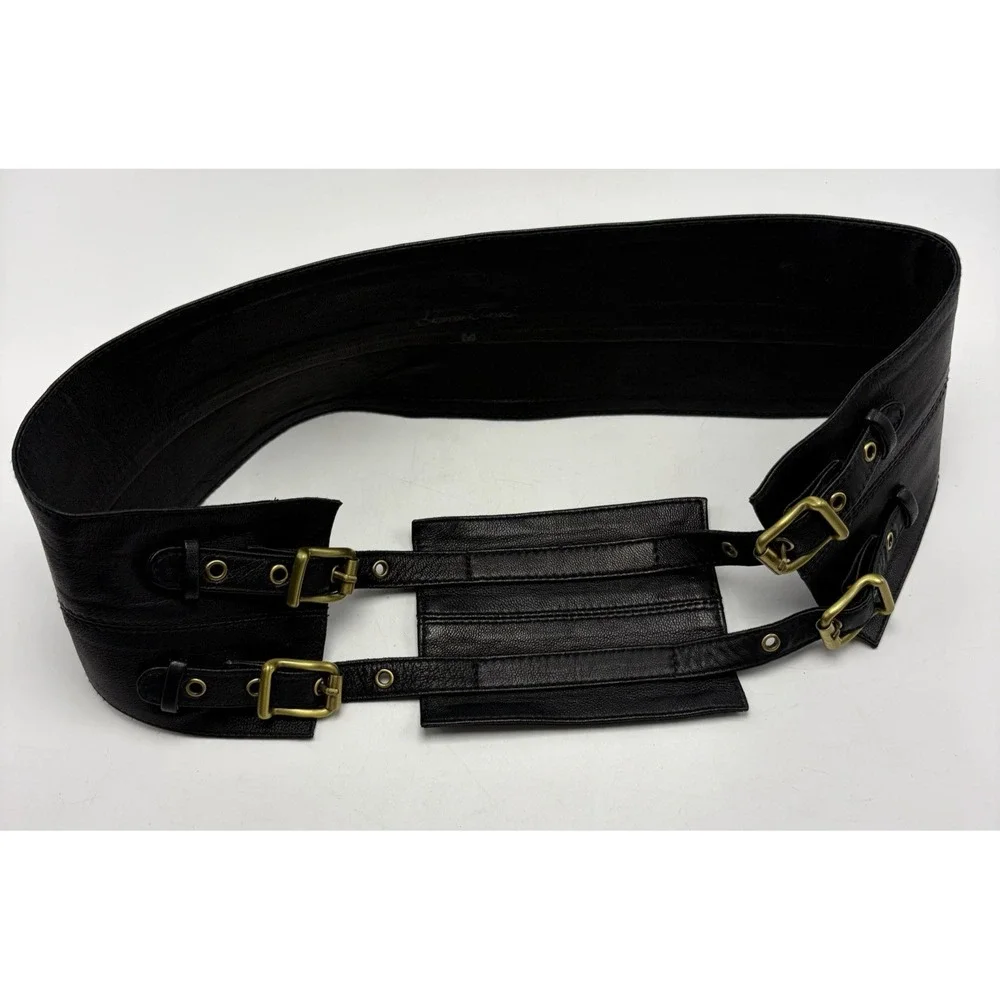 Statement Belt Womens Medium Wide Black Leather Waist Cinch Buckle Designer
